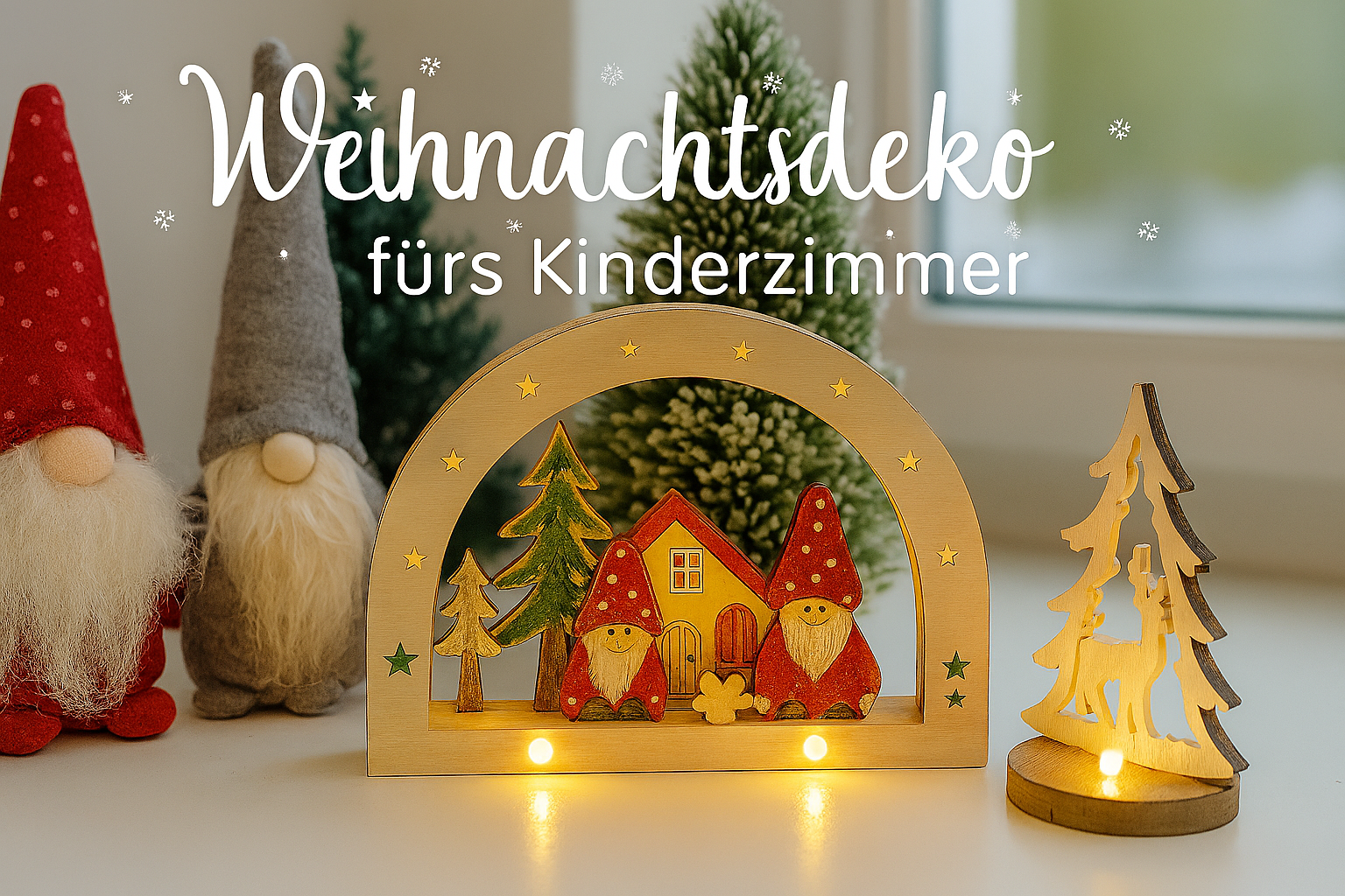 Weihnachtsdeko fürs Kinderzimmer – LED-Holzdeko mit Wichtelfiguren, Mini-Schwibbogen und warmem Licht auf Fensterbank