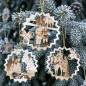 Preview: Ein handgefertigter Holzanhangern mit Raureifeffekt für den Weihnachtsbaum aus dem Erzgebirge, inspiriert von dem Märchen 'Drei Haselnüsse für Aschenbrödel', mit drei verschiedenen Motiven und maßgeblicher Größe 8 x 8,5 x 0,3 cm.
