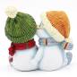 Preview: Polyresin-Schneekinderpaar 'Oma und Opa' in lustigen Gesichtern und mit handgestrickten Schal und Mütze, im Orange-Grün-Design, 11x8x11 cm, handbemalte Dekofiguren
