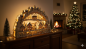 Preview: Großer Holz-Schwibbogen mit verschneiter Stadt-Szene, Miniaturfiguren und beleuchteter Pyramide – Laserholz, ca. 98 × 67,5 cm, LED-beleuchtet.“