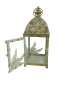 Preview: Eine wunderschöne, filigrane Art-Déco-Kerzenlaterne in orientalischen Stil mit goldfarbenem Metall, die durch eine reizvolle Antik-Patina zum Schönen glänzt.
