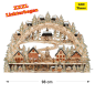Preview: XXXL Großer Holz-Schwibbogen mit verschneiter Stadt-Szene, Miniaturfiguren und beleuchteter Pyramide – Laserholz, ca. 98 × 67,5 cm, LED-beleuchtet.