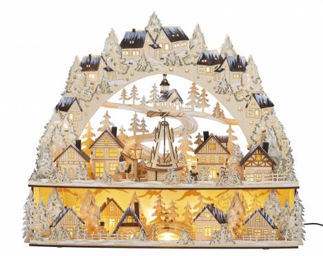 XL Holz Schwibbogen mit Bank "verschneit" mit bewegter Weihnachtspyramide & Winterfiguren