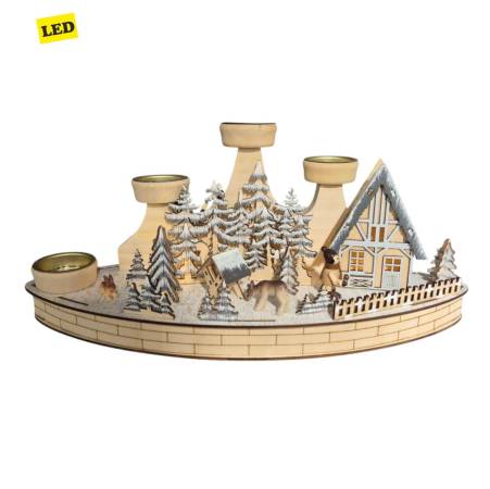 Ein farbenfroher Adventsleuchter in liebevoller Holzarbeit mit Teelichthalter und LED-Beleuchtung, um die Weihnachtsstimmung zu genießen.