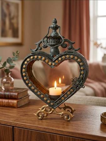 Romantische Herz-Laterne aus Metall mit goldfarbenen Ornamenten in weißem Rahmen für Valentinstag oder Weihnachten, beleuchtet mit Teelicht oder LED-Leuchte.