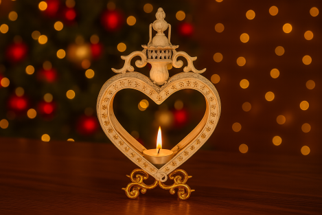 Kunstvoll verzierte Metall-Laterne mit Herzrahmen, goldenen Blumen und Teelichthalter – festliche Deko mit romantischem Flair. weihnachtslaterne