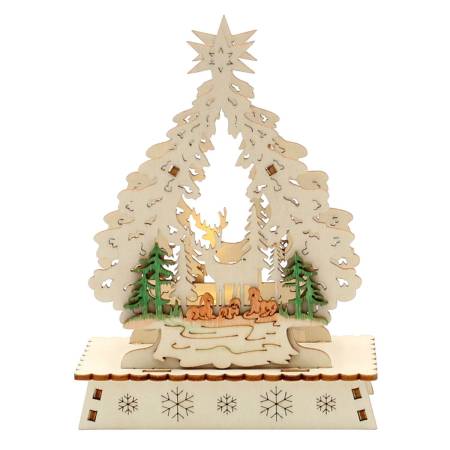 Ein wunderschöner Holz Mini-Schwibbogen "Weihnachtsbaum" in Laserholz-Optik, sortiert in 6 verschiedene Motive wie Rehe, Schneemann, Kerzen und mehr, beleuchtet mit LED-Licht, perfekt für eine weihnachtliche Geschenkidee oder als firmengeschenk zu weihnac