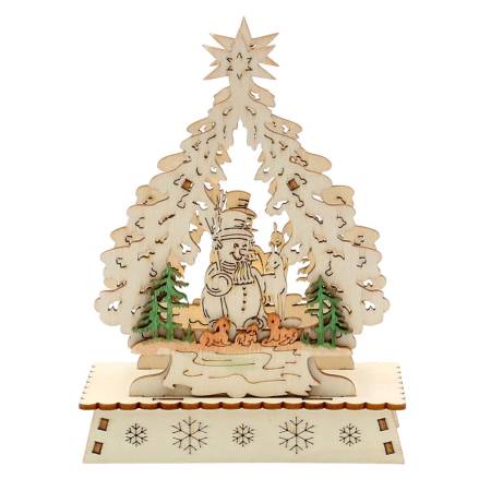Ein Mini-Schwibbogen "Weihnachtsbaum" mit LED-Beleuchtung, sortiert in 6 Farben: Rehe, Schneemann, Kerzen, Glocke, Seiffen Kirche und Bergmann, maßgeblich ca. 11 x 5 x 14,5 cm, ein perfektes Geschenk für die Weihnachtsfeier oder ein firmenes Geschenk zu W