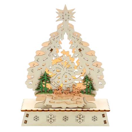 Ein wunderschöner Mini-Schwibbogen "Weihnachtsbaum" in Laserholz, LED beleuchtet, als perfektes Geschenk für eine Weihnachtsfeier oder als firmenes Geschenk zu Weihnachten. Mit 6-fach sortiert und verschiedenen Motiven wie Rehe, Schneemann, Kerzen, Glocke