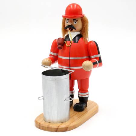 „Räuchermännchen Müllmann aus Holz in orangener arbeitskleidung  Uniform mit rauchender Mülltonne“