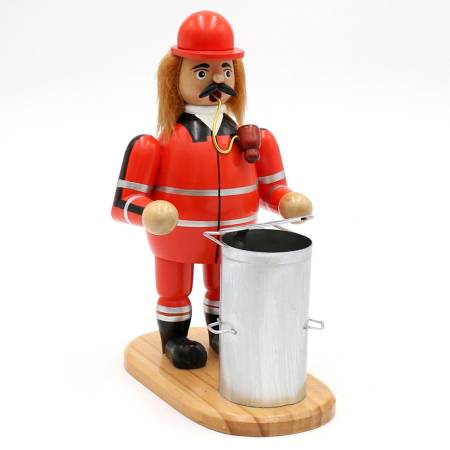 „Räucherfigur Müllmann handbemalt, mit Metalltonne und Rauchfunktion auf Holzsockel“