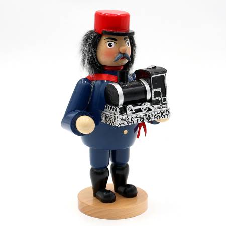 Traditioneller Räuchermann als Lokführer mit Dampflok, warm bemalt und ideal für winterliche Eisenbahn‑Dekorationen und nostalgische Weihnachtsstimmung.