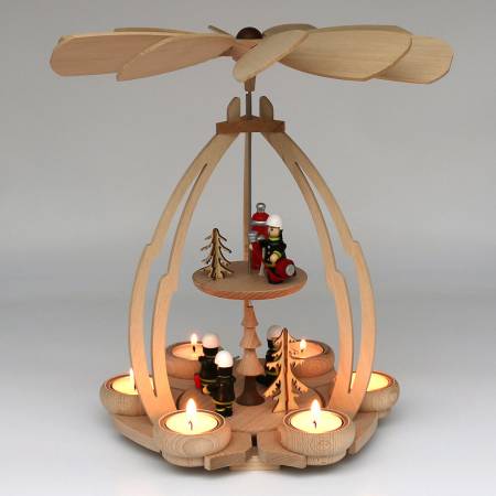 „XL Holz Tischpyramide mit Feuerwehrfiguren auf zweistöckig und Flügelrad für 6 Teelichte“