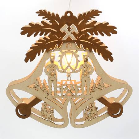 Beleuchtetes Holz Fensterbild Doppelglocke mit Bergmann Motiv und braunen Applikationen als traditionelle Weihnachtsdekoration