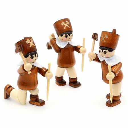 3 miniatur holzfiguren mit bergmannswerkzeug farbig