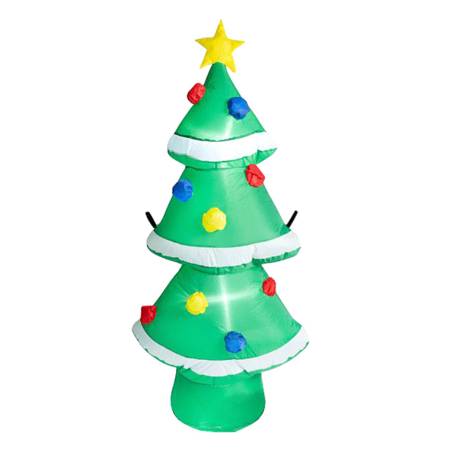 XXL LED-Tannenbaum aus grün-weißem Kunststoff mit bunten Ornamenten und gelbem Stern, 120 cm hoch, beleuchtet von innen, ideal für Außenbereiche.“