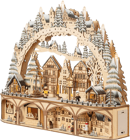 XL LED-Lichterbogen „Weihnachtsmarkt“ –mit Bewegung- filigrane Holzkunst mit Timerfunktion