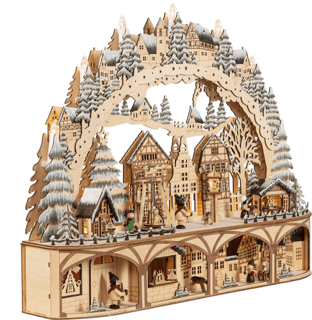 XL LED-Lichterbogen „Weihnachtsmarkt“ –mit Bewegung- filigrane Holzkunst mit Timerfunktion