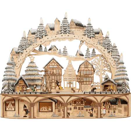 XL LED-Lichterbogen „Weihnachtsmarkt“ –mit Bewegung- filigrane Holzkunst mit Timerfunktion