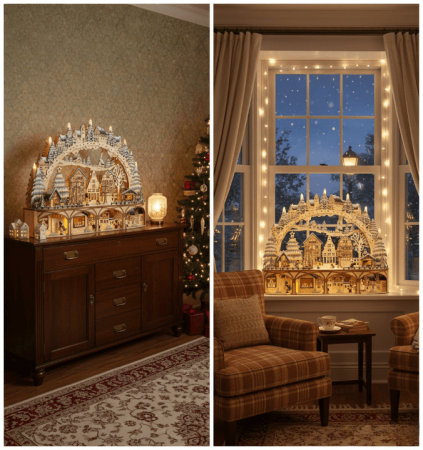 XL LED-Lichterbogen „Weihnachtsmarkt“ –mit Bewegung- filigrane Holzkunst mit Timerfunktion