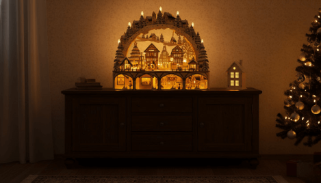 XL LED-Lichterbogen „Weihnachtsmarkt“ –mit Bewegung- filigrane Holzkunst mit Timerfunktion