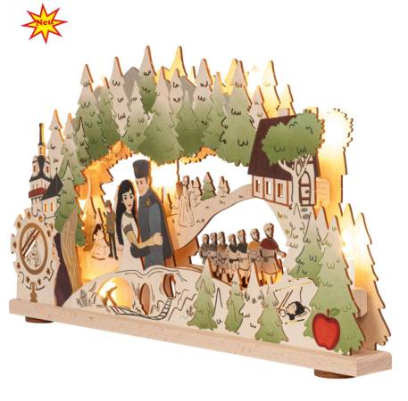 DEFA-Schneewittchen Schwibbogen aus Buchen- und Birkenholz mit beleuchteter Märchenwelt