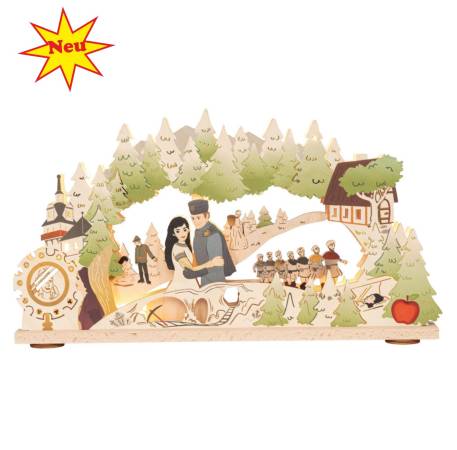 Erzgebirge Schwibbogen Schneewittchen mit detailreicher Märchenszene und LED-Beleuchtung