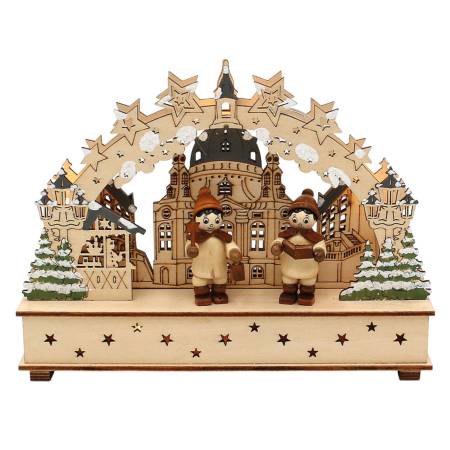 Holz Mini-Schwibbogen "Frauenkirche mit Kurrende Figuren" braun / natur (Laserholz)