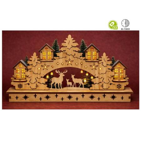 Holz Mini Schwibbogen Weihnachtsmann mit Wichtel oder Hirsche im Wald mit Timer