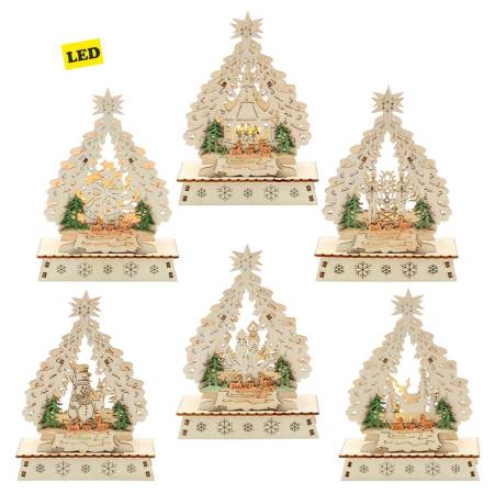 Ein Mini-Schwibbogen "Weihnachtsbaum" mit LED-Beleuchtung, 6-fach sortiert, ideal für Weihnachtsfeier Geschenk oder firmengeschenk zu Weihnachten, ca. 11 x 5 x 14,5 cm, wunderschöne Tannebaumversion mit Glaskugeln.