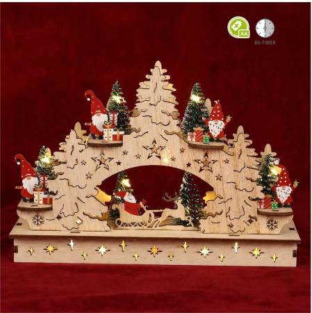 Holz Mini Schwibbogen Weihnachtsmann mit Wichtel oder Hirsche im Wald mit Timer