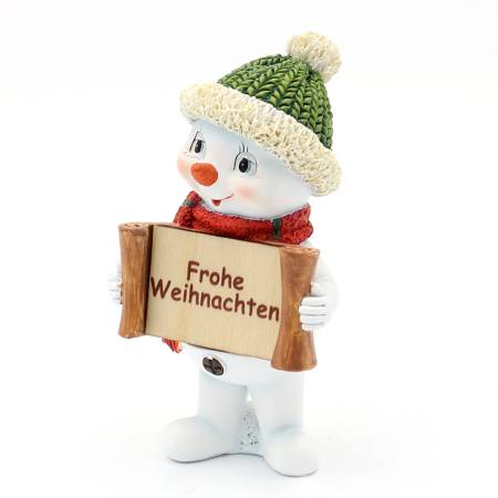 Polyresin-Schneemann Schneekindmit Mütze und Schal in Grün/Rot