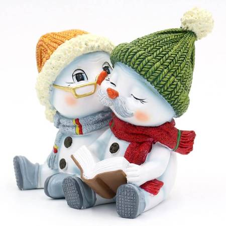 Polyresin-Schneekinderpaar 'Oma und Opa', lustige Gesichter, orange/grüner Schal und Mütze, handbemalt, 11x8x11 cm, Dekofiguren aus Kunstharz, Sammlerstück, Weihnachtsgeschenk.