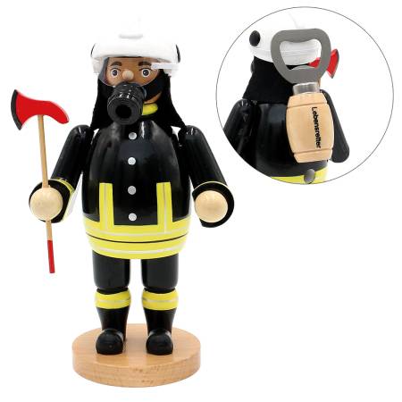 „Holz Räuchermännchen Feuerwehrmann in schwarzer Uniform mit Atemschutzmaske und rotem Beil“