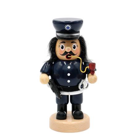 „Lustige Räuchermannfigur aus Holz in Polizistenuniform mit Pistole und Handschellen – bauchige Form, Rauchöffnung im Mund, ca. 16 cm hoch.“