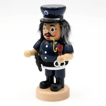 „Lustige Räuchermannfigur aus Holz in Polizistenuniform mit Pistole und Handschellen – bauchige Form, Rauchöffnung im Mund, ca. 16 cm hoch.“