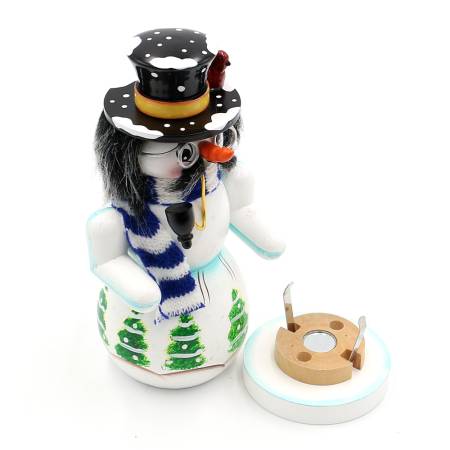 „Handbemalter Räucherschneemann ‚Opa‘ aus Holz mit Zylinder, Strickschal, Pfeife, Brille und Kunstbehaarung, traditionelle Winterfigur, 17 cm hoch.“