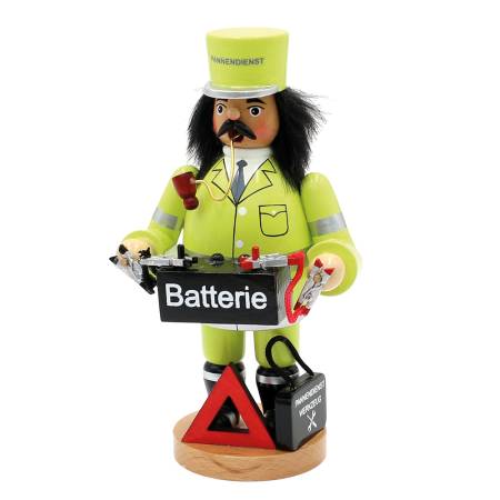 „Räuchermann Pannenhelfer aus Holz in gelber Uniform mit Batterie und Werkzeugtasche“