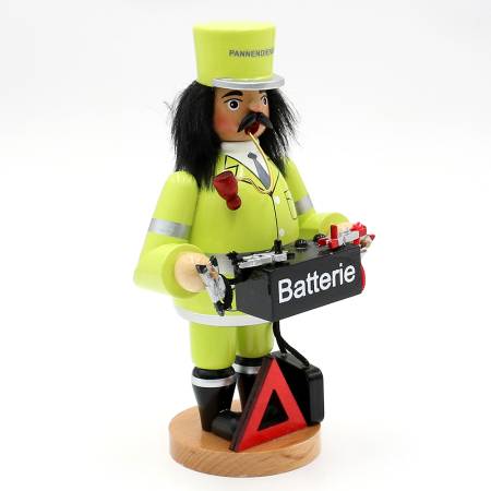Räuchermann „Pannenhelfer“ – humorvolle Holzfigur mit Batterie und Werkzeug