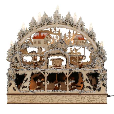 schwipbogen bergwerk mit bank bergmannsfiguren farbig und glitzerschnee verschneit