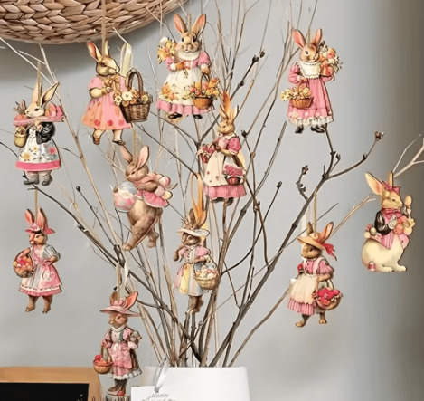 Osterdekoration – Hängende Osterhasen Holzanhänger im altdeutschen Stil