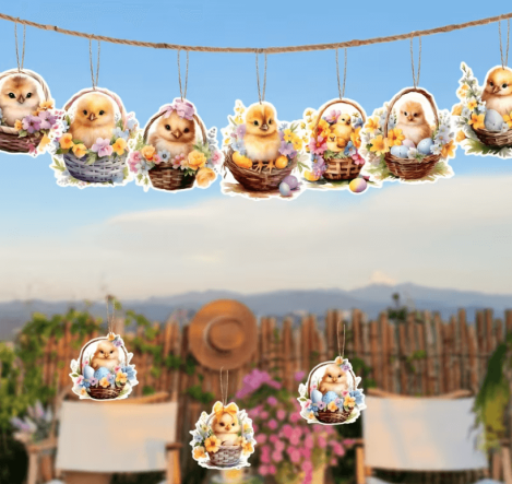 Osterdekoration – Lustige Holzanhänger Küken im Korb Strauchbehang