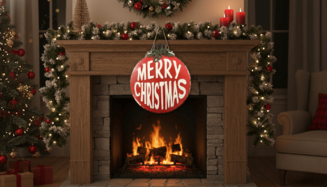 wandschild weihnachten retro glaskugel kamin