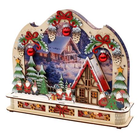 Beleuchtete Holzdeko mit Weihnachtswichteln, roten Kugeln und filigranen Laserschnitten. Größe 30 × 7 × 24,5 cm, LED‑Licht mit 6‑Stunden‑Timer, batteriebetrieben (AA).