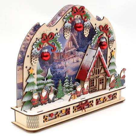 Holz-Weihnachtswichtel Szene – Bunte LED-Dekoration mit Timer