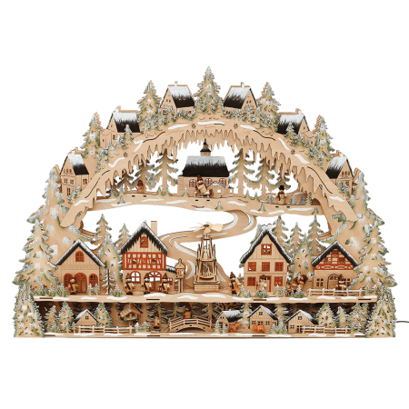 Großer Holz-Schwibbogen mit verschneiter Stadt-Szene, Miniaturfiguren und beleuchteter Pyramide – Laserholz, ca. 98 × 67,5 cm, LED-beleuchtet.“