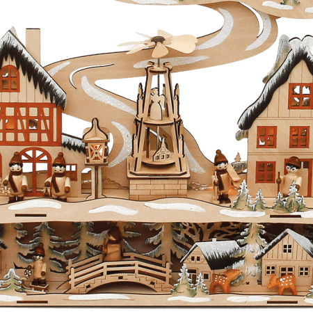 XXXL Holz-Schwibbogen „Stadt Winterszene mit Pyramide“ – Laserholz, LED, Timer