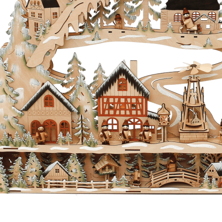 XXXL Holz-Schwibbogen „Stadt Winterszene mit Pyramide“ – Laserholz, LED, Timer