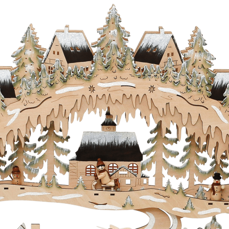 XXXL Holz-Schwibbogen „Stadt Winterszene mit Pyramide“ – Laserholz, LED, Timer