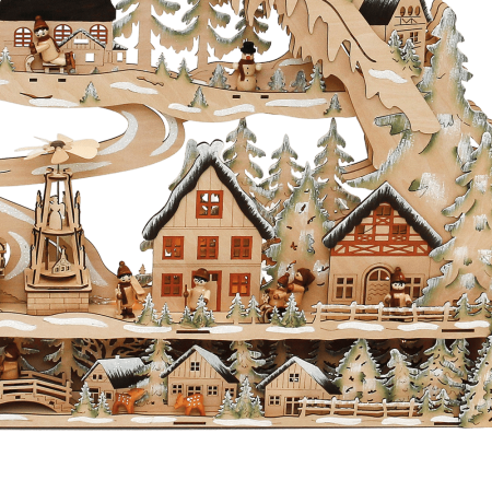XXXL Holz-Schwibbogen „Stadt Winterszene mit Pyramide“ – Laserholz, LED, Timer